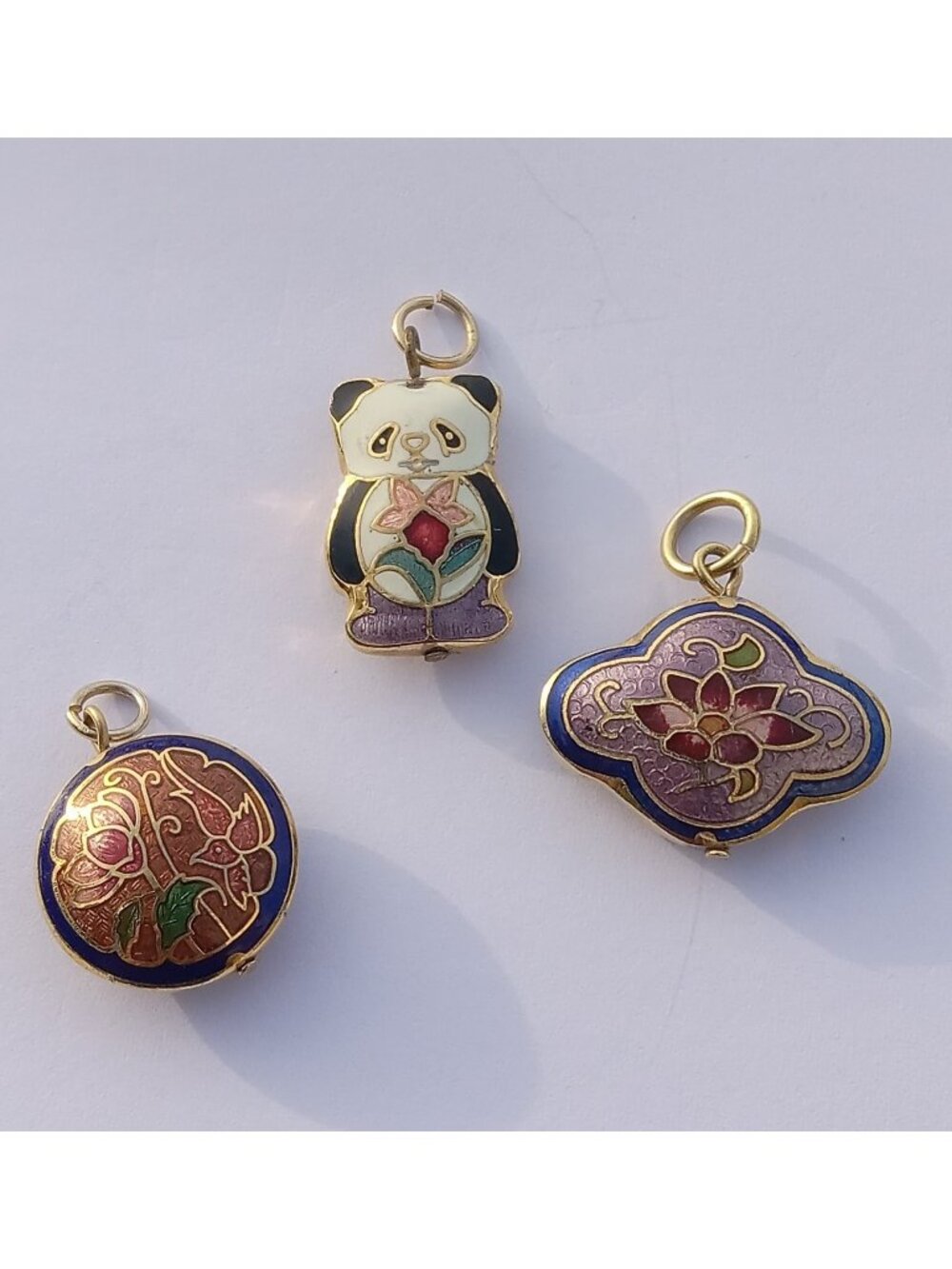 3 Cloisonne Enamel Panda Floral Ruyi Charms Pendants Gold Tone